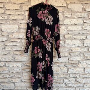 Nannette Black Dress with Pink and Green Floral Design High Low High Neck
